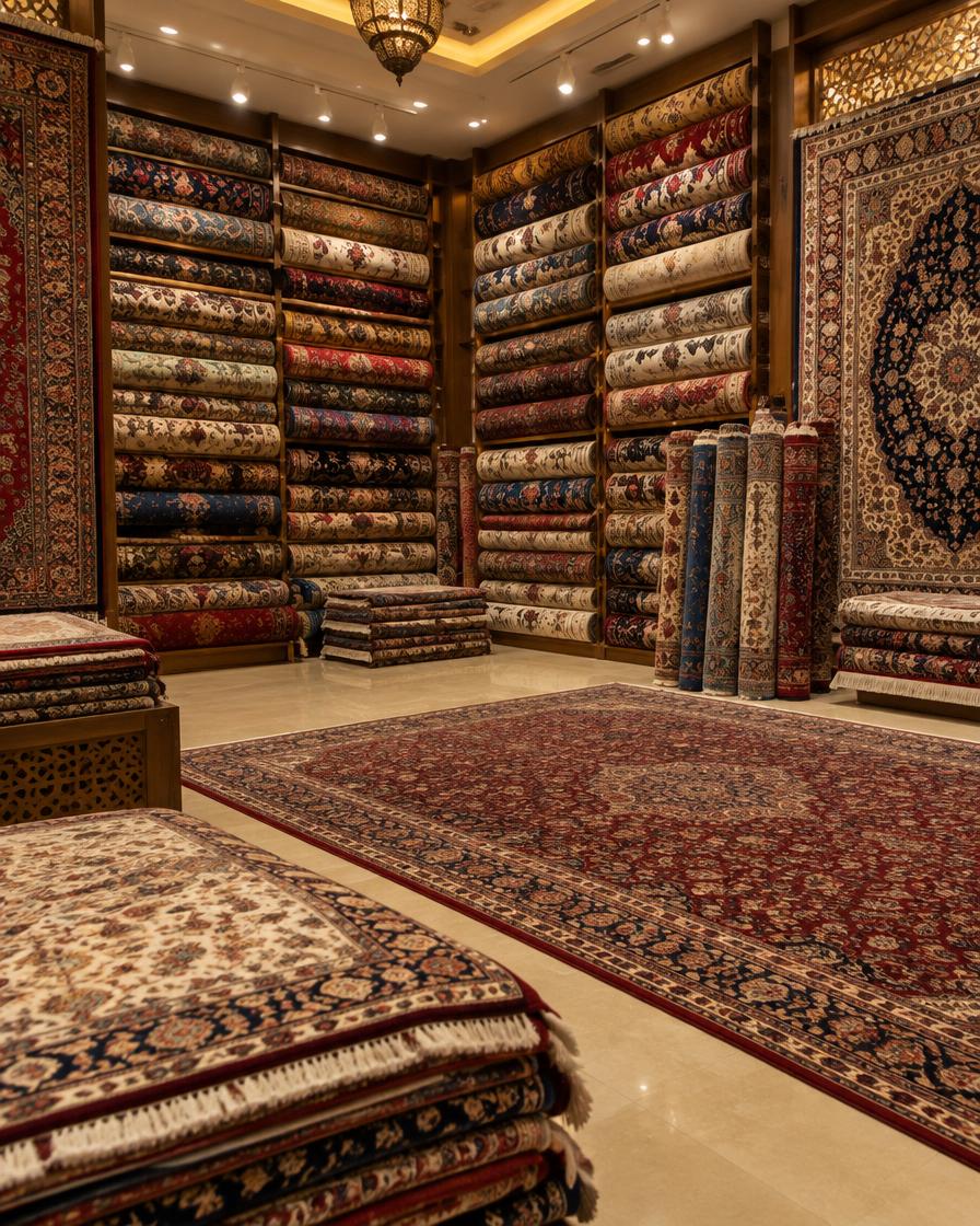 Showroom interior with carpet rolls